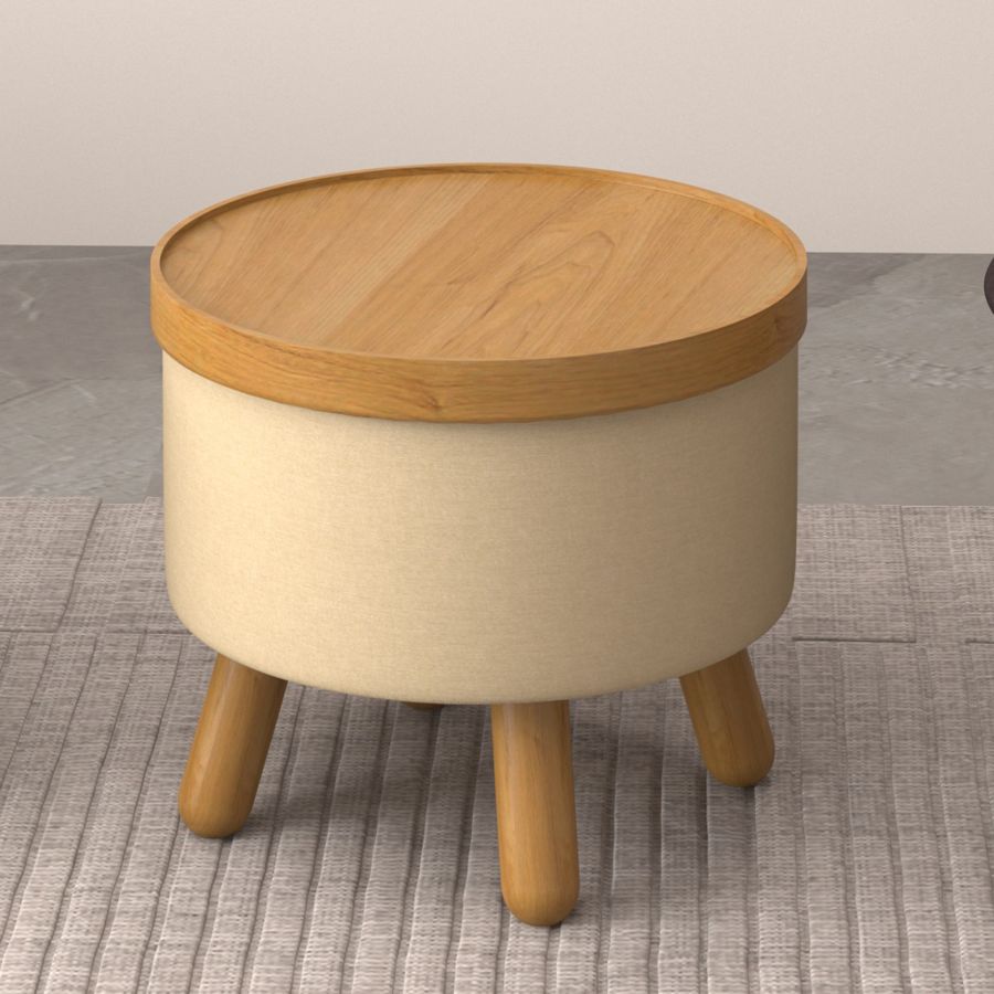 Betsy Round Storage Ottoman with Tray in Beige and Natural