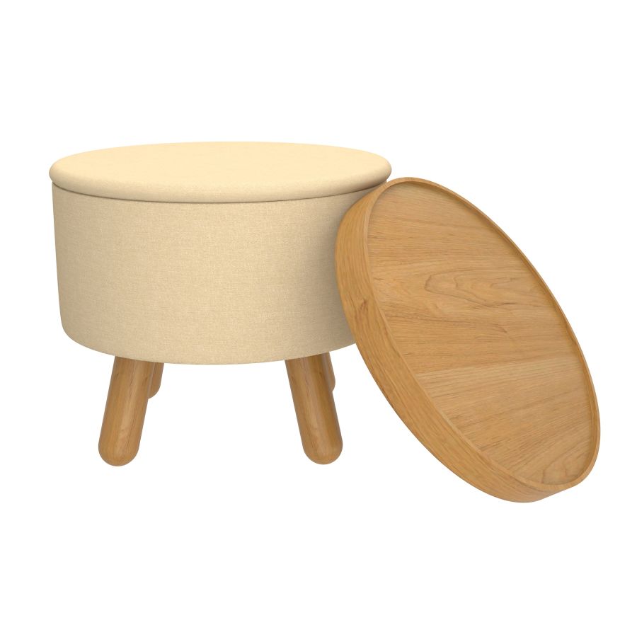 Betsy Round Storage Ottoman with Tray in Beige and Natural