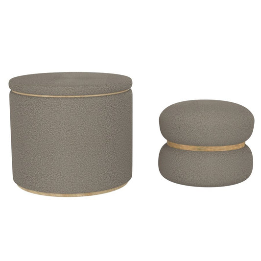 Cecily 2pc Round Ottoman w/Storage in Warm Grey Boucle