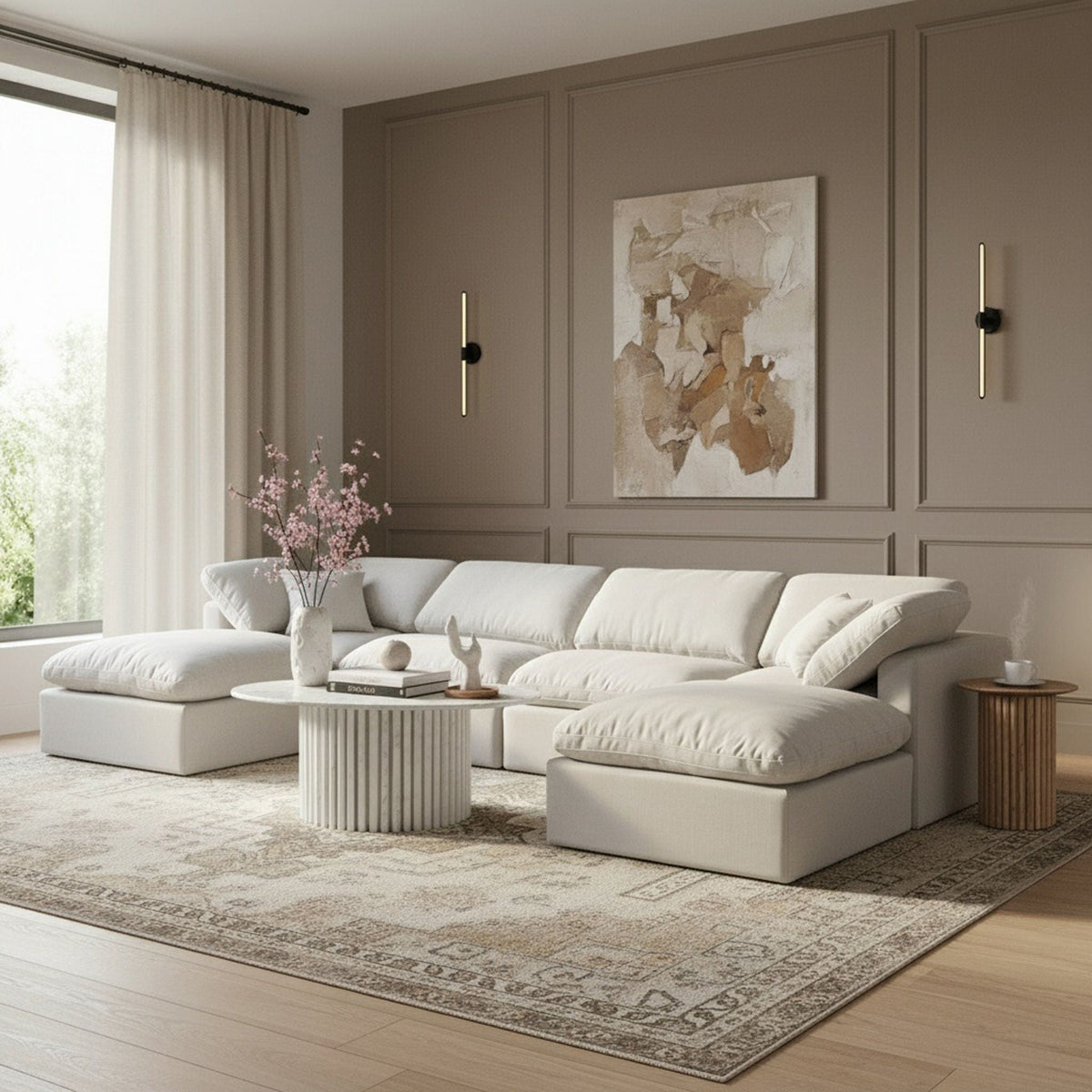 Indulge - Linen 6 Piece Modular Double Chaise Sectional - White