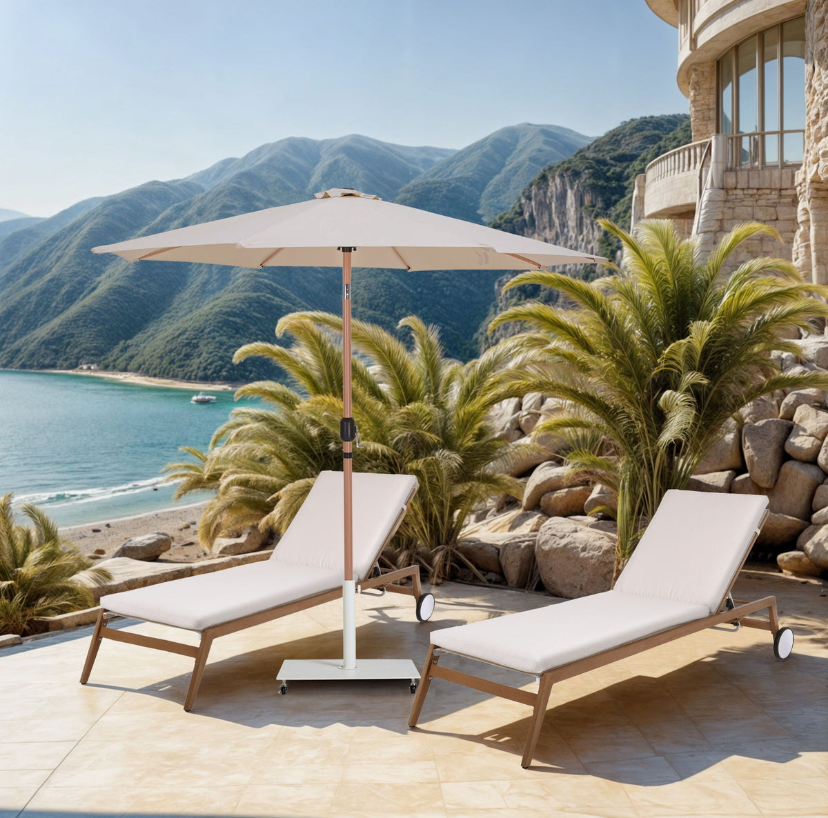 Fiji - Aluminum Patio Umbrella With Square White And Teak Base