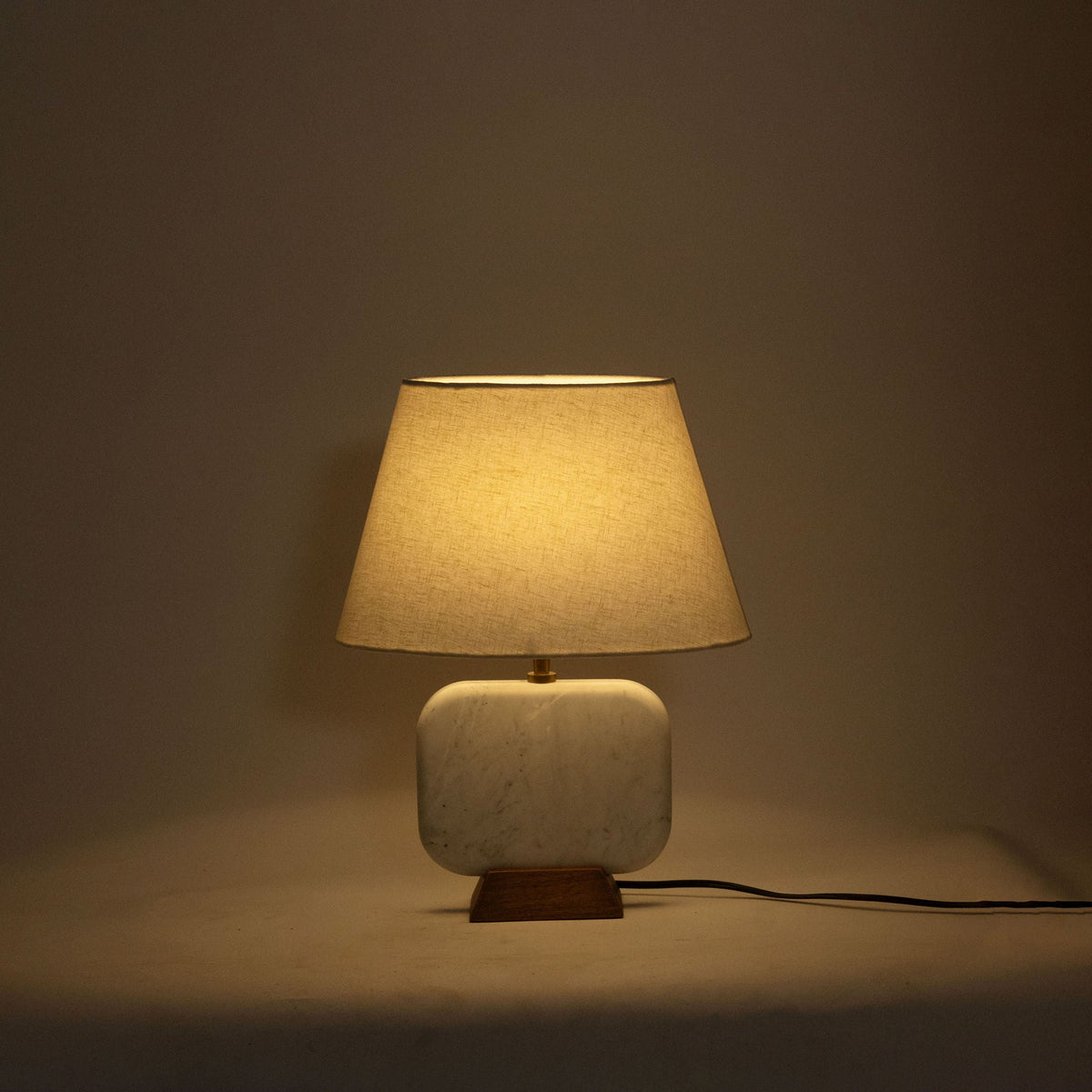 Solis - 14" Genuine Marble And Mango Wood Base With Linen Textured Fabric Shade Table Lamp