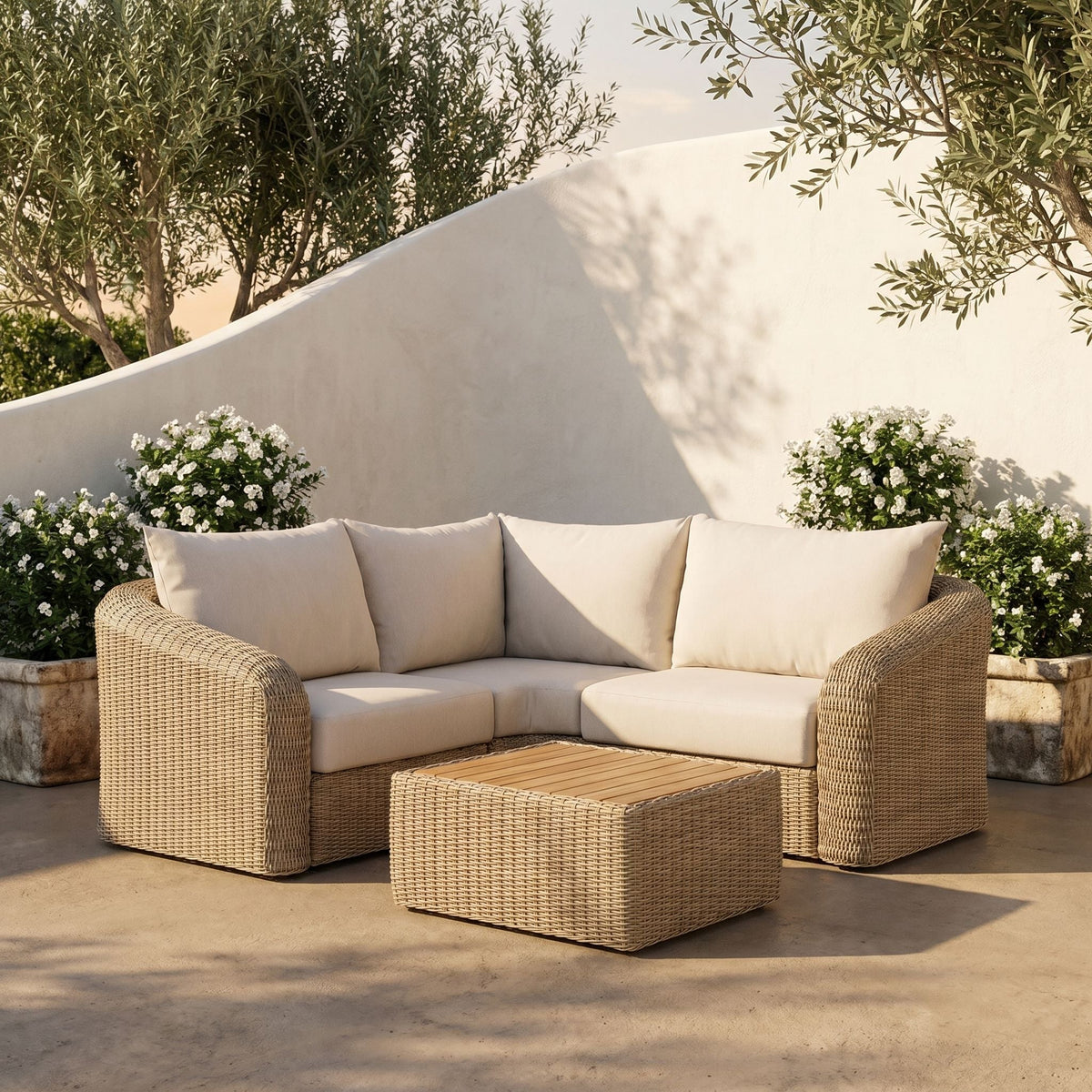 Seacrest - Olefin Water Resistant Fabric And Wicker 3 Piece Outdoor Patio Modular Sectional