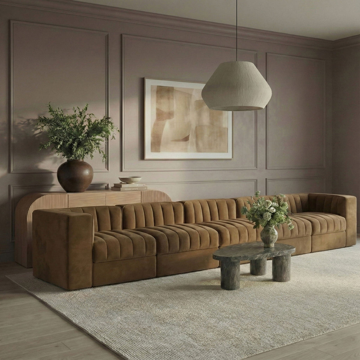 Rummi - Velvet Performance Fabric Upholstered 5 Piece Modular Sofa