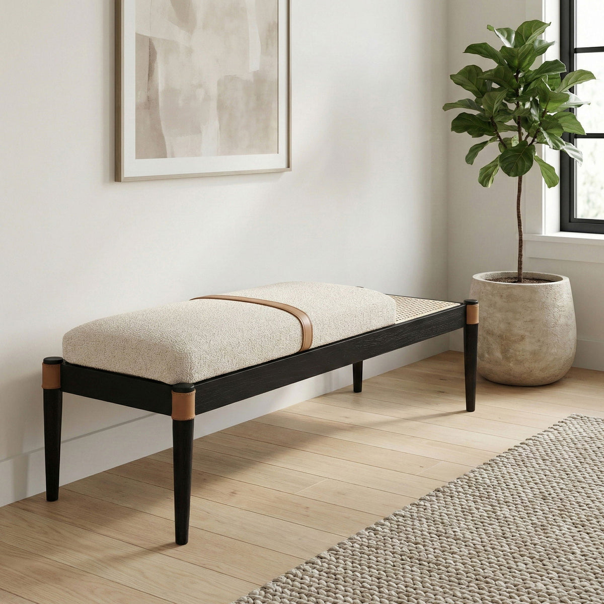 Nara - Linen Textured Fabric Upholstered Bench - Painted Black