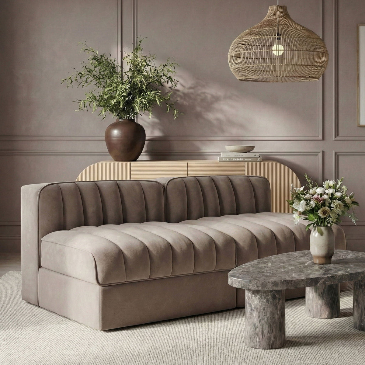 Rummi - Velvet Performance Fabric Upholstered 2 Piece Modular Armless Loveseat