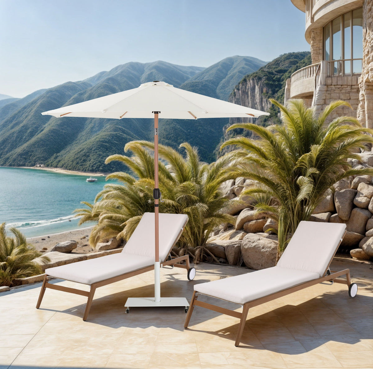 Fiji - Aluminum Patio Umbrella With Square White And Teak Base