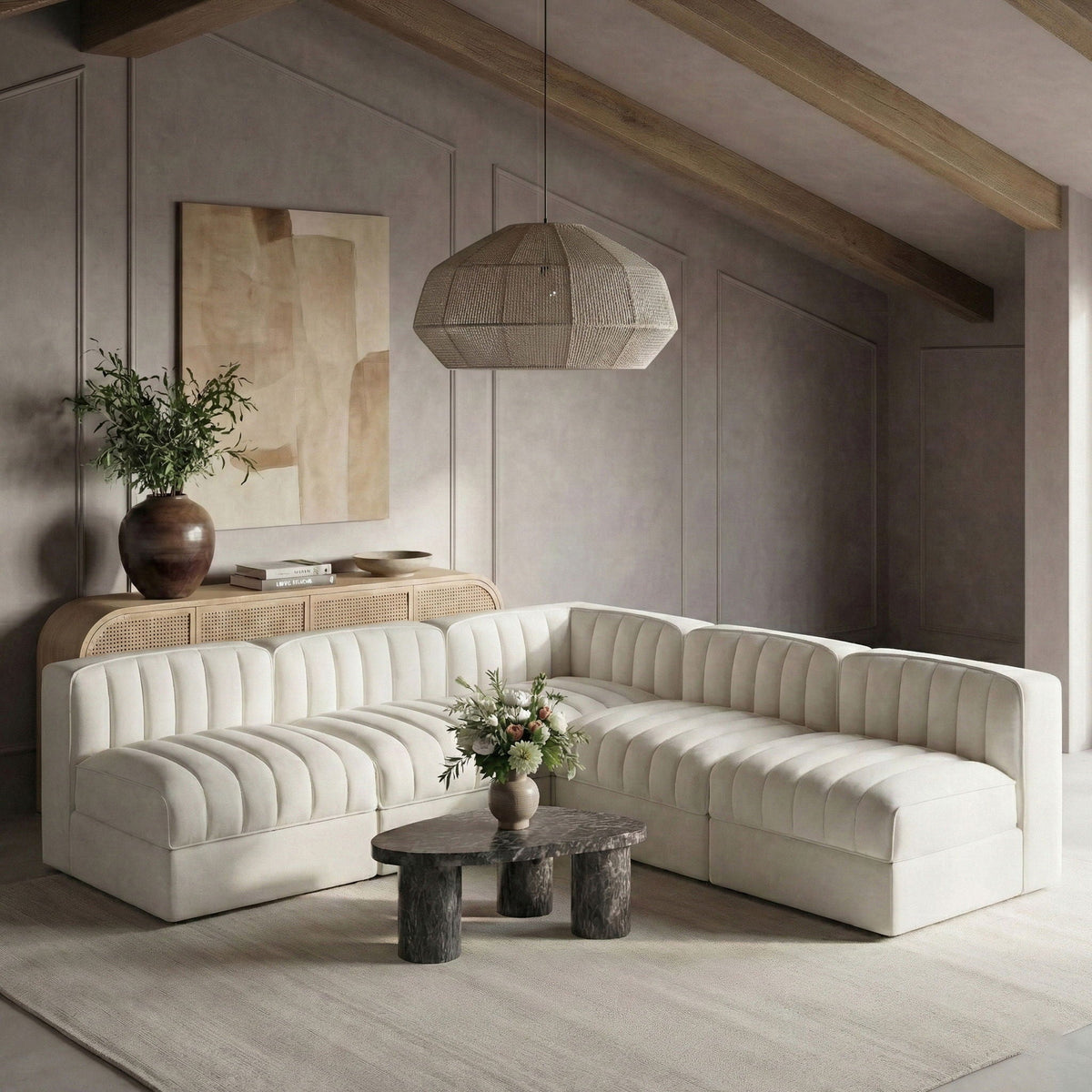 Rummi - Armless Velvet Performance Fabric Upholstered 5 Piece Modular Sectional