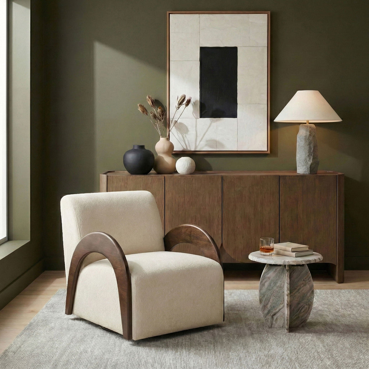 Neria - Chenille Fabric Upholstered Swivel Accent Chair - Painted Brown Base