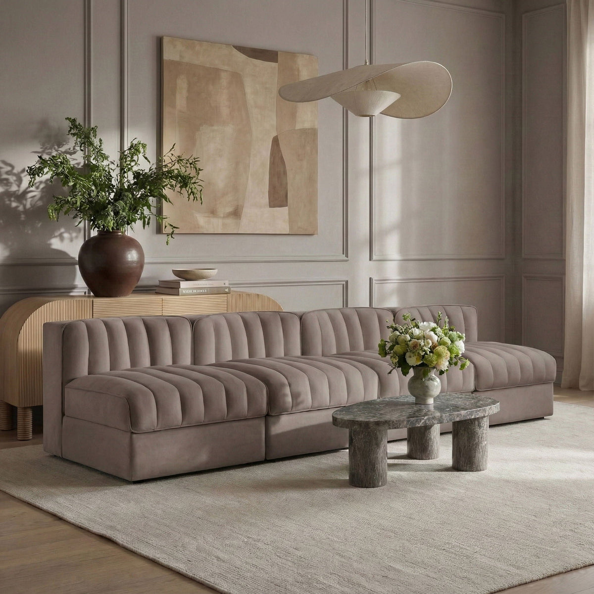 Rummi - Armless Velvet Performance Fabric Upholstered 4 Piece Modular Sofa