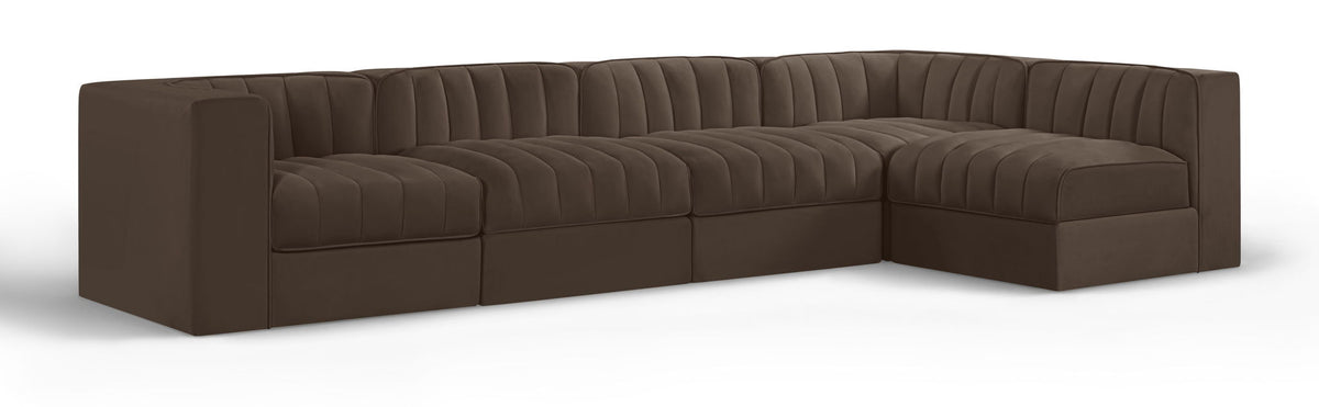Rummi - Velvet Performance Fabric Upholstered 5 Piece Modular Sectional, L-Shaped (Right)