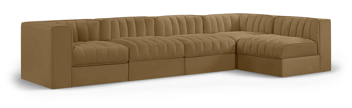 Rummi - Velvet Performance Fabric Upholstered 5 Piece Modular Sectional, L-Shaped (Right)
