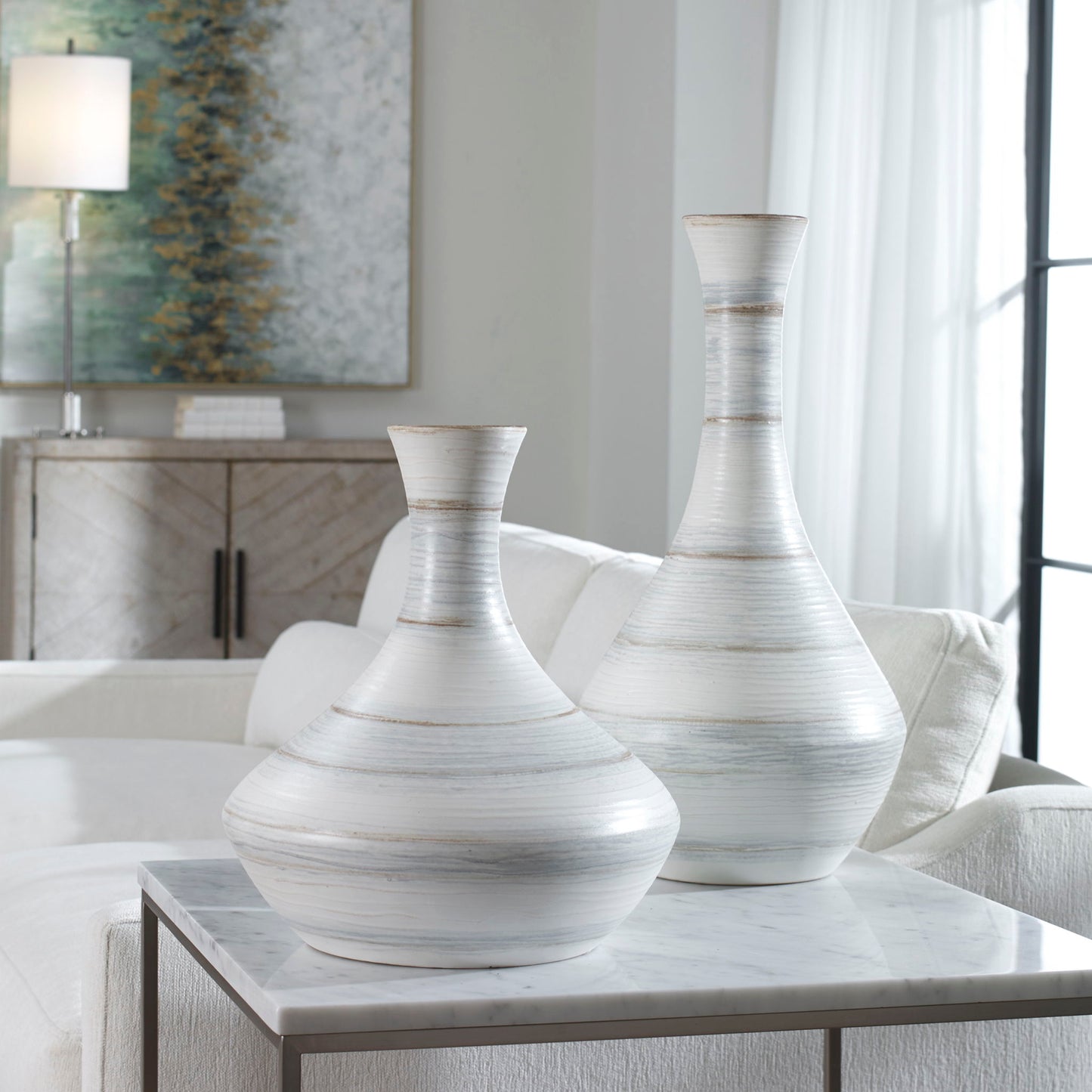 Potter - Fluted Striped Vases (Set of 2) - Light Blue