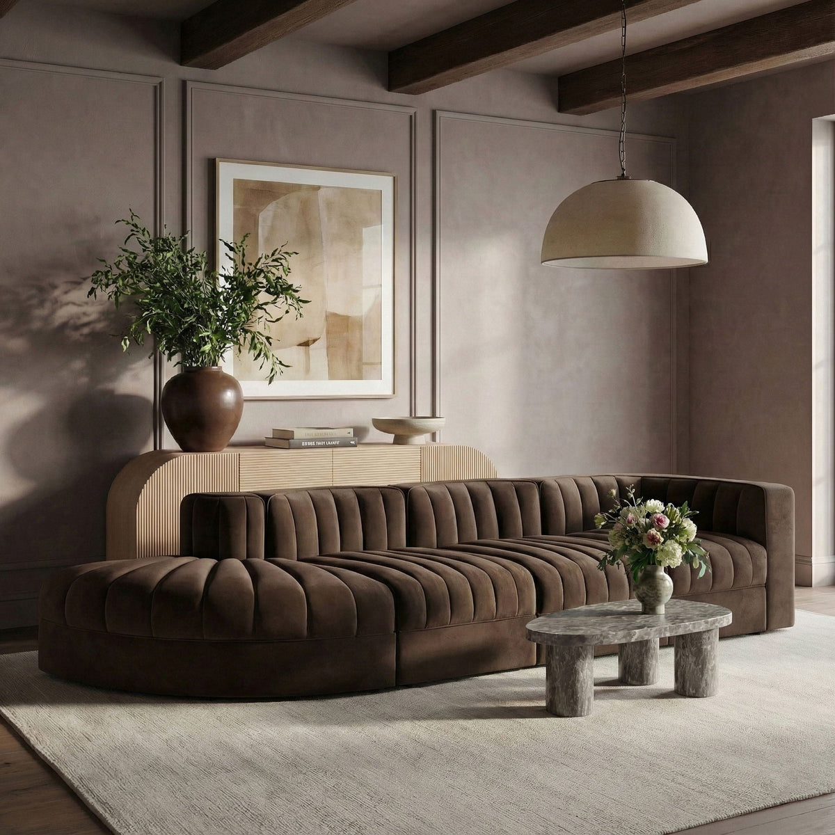 Rummi - Velvet Performance Fabric Upholstered 4 Piece Modular Sectional With Reverse Corner Chair
