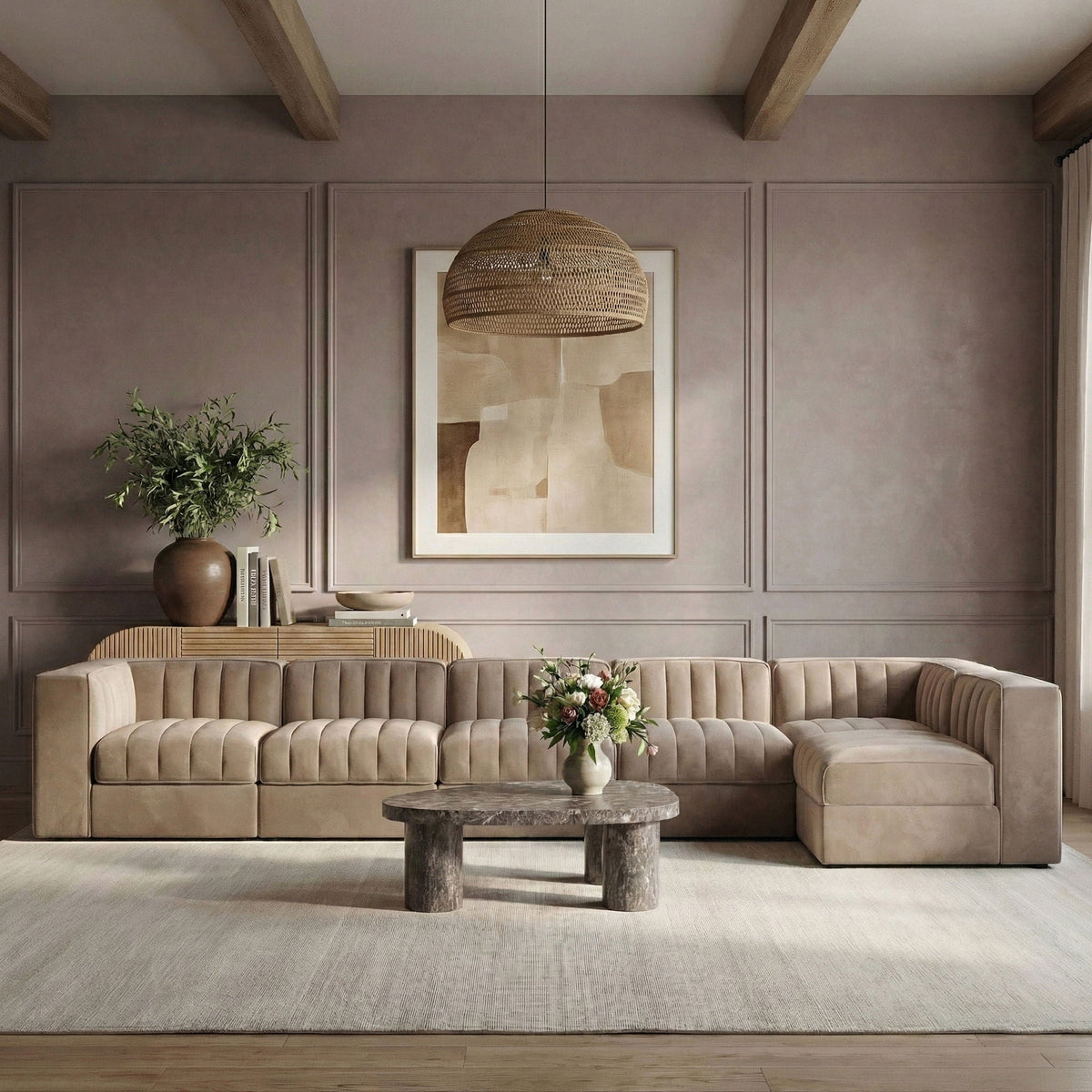 Rummi - Velvet Performance Fabric Upholstered 6 Piece Modular Sectional, L-Shaped (Right)