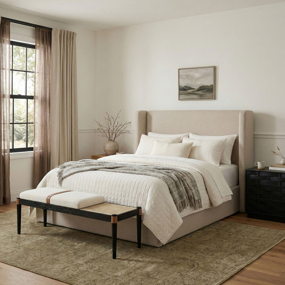 Nara - Linen Textured Fabric Upholstered Bench - Painted Black