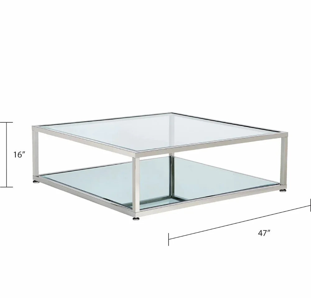 Caspian Square Coffee Table Stainless Steel frame, glass & mirror tops 47"