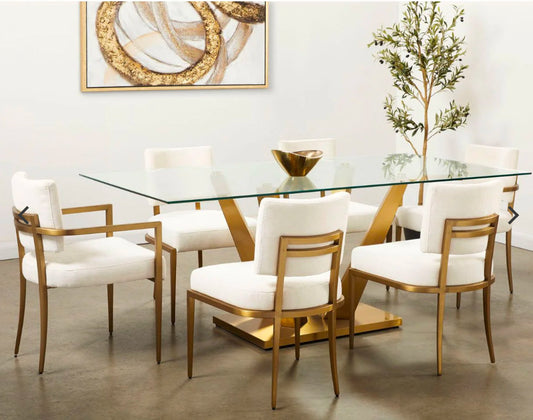 Paolo 7 Pc Glass Dining Set in Gold/Ivory