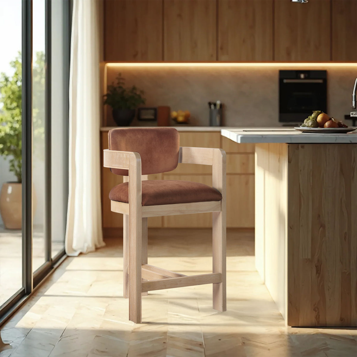Sacha - Velvet Stool With Natural Base