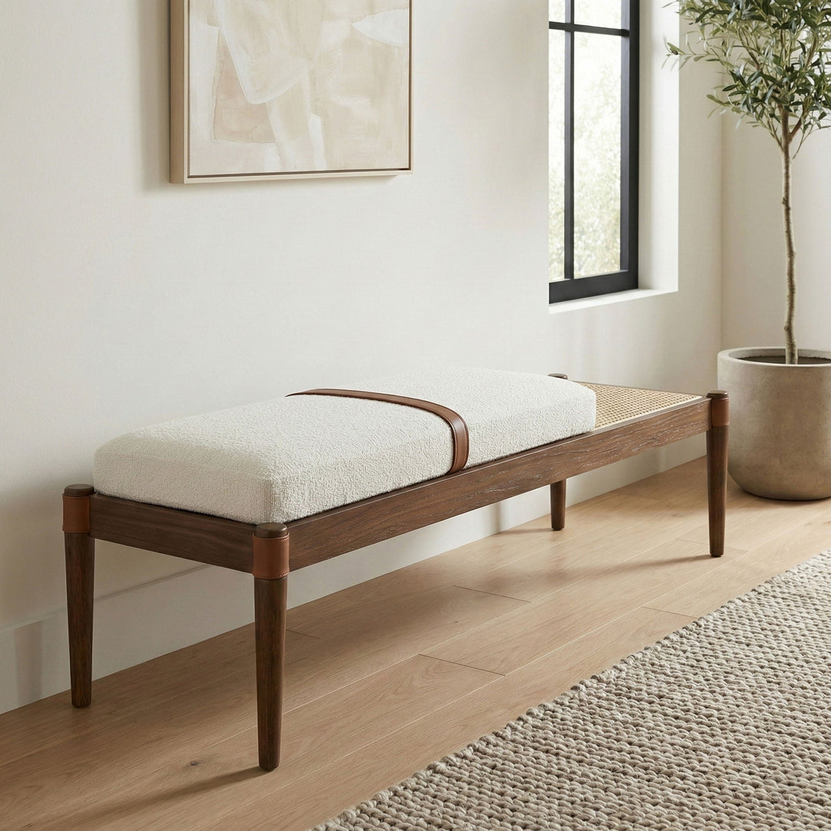 Nara - Linen Textured Fabric Upholstered Bench - Painted Brown Walnut