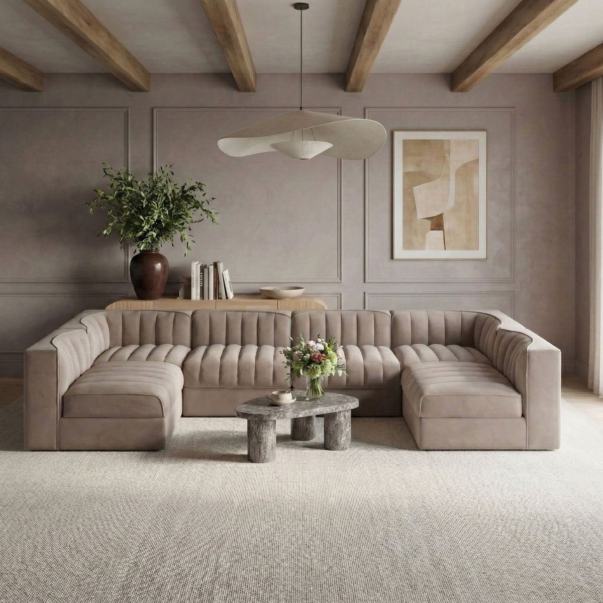 Rummi - Armless Velvet Performance Fabric Upholstered 6 Piece Modular Sectional