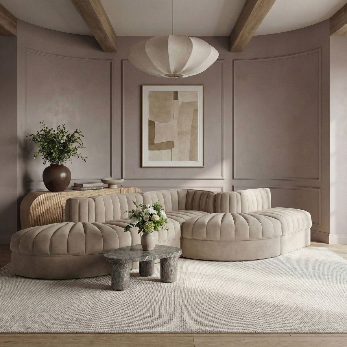 Rummi - Rounded Velvet Performance Fabric Upholstered 5 Piece Modular Sectional