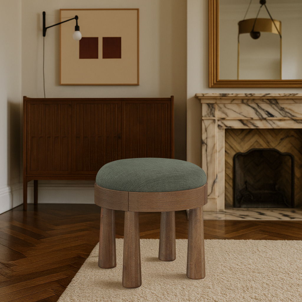 Larea - Linen Textured Fabric Upholstered Ottoman - Walnut Base