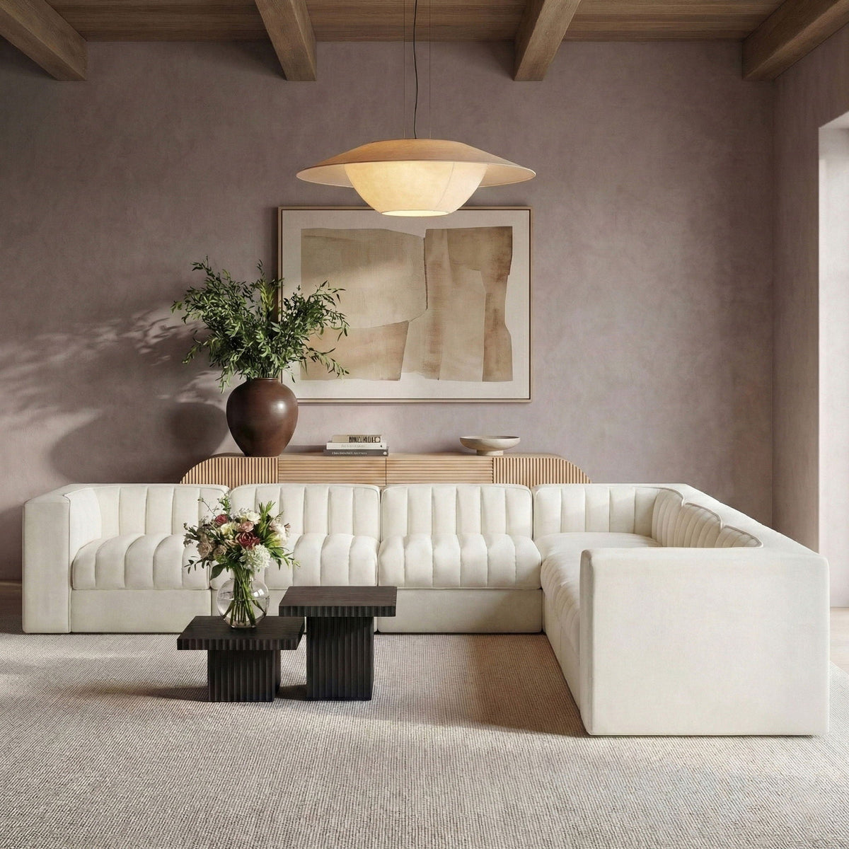 Rummi - Symmetrical Velvet Performance Fabric Upholstered 7 Piece Modular Sectional (With 3 Corner Chairs)