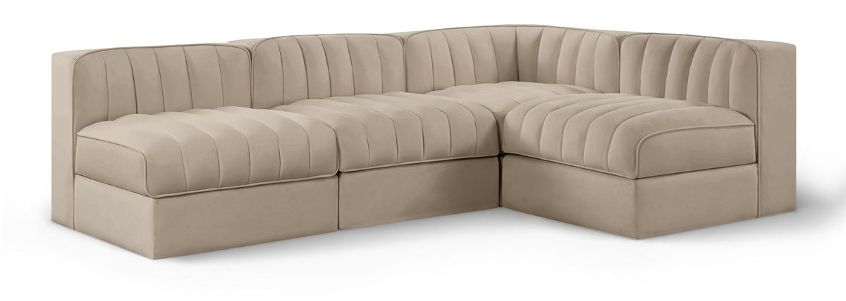 Rummi - Armless Velvet Performance Fabric Upholstered 4 Piece Modular Sectional
