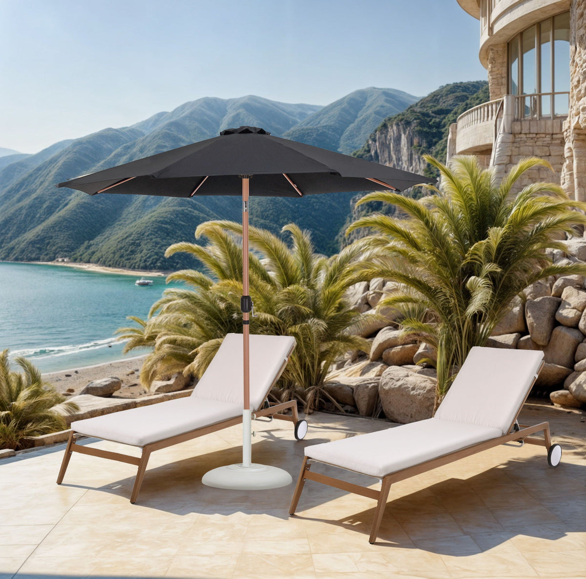 Fiji - Aluminum Patio Umbrella With Round White And Teak Base