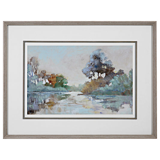 Morning Lake - Watercolor Framed Print - Blue