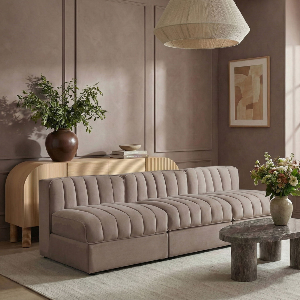 Rummi - Velvet Performance Fabric Upholstered 3 Piece Modular Armless Sofa