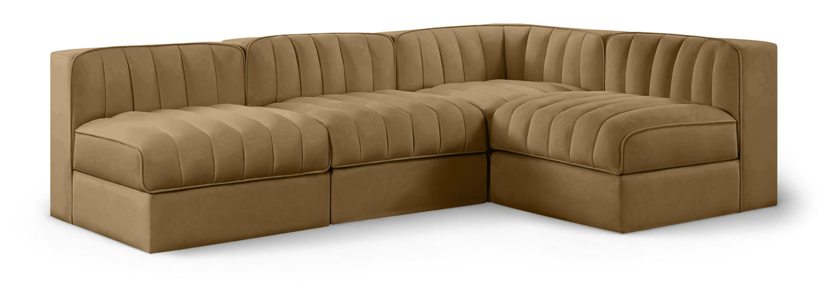 Rummi - Armless Velvet Performance Fabric Upholstered 4 Piece Modular Sectional