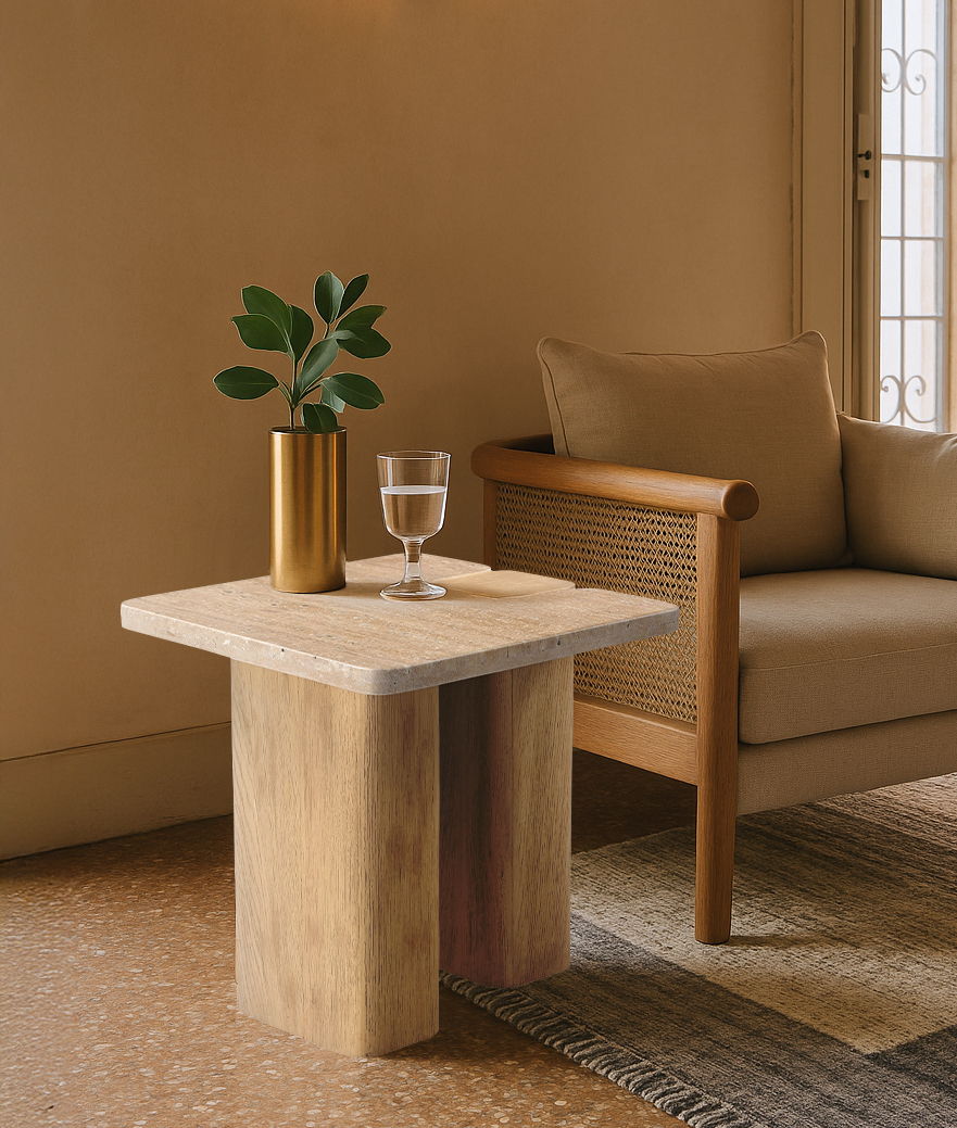 Ravenna - Genuine Fabric Travertine And Oak Wood Table