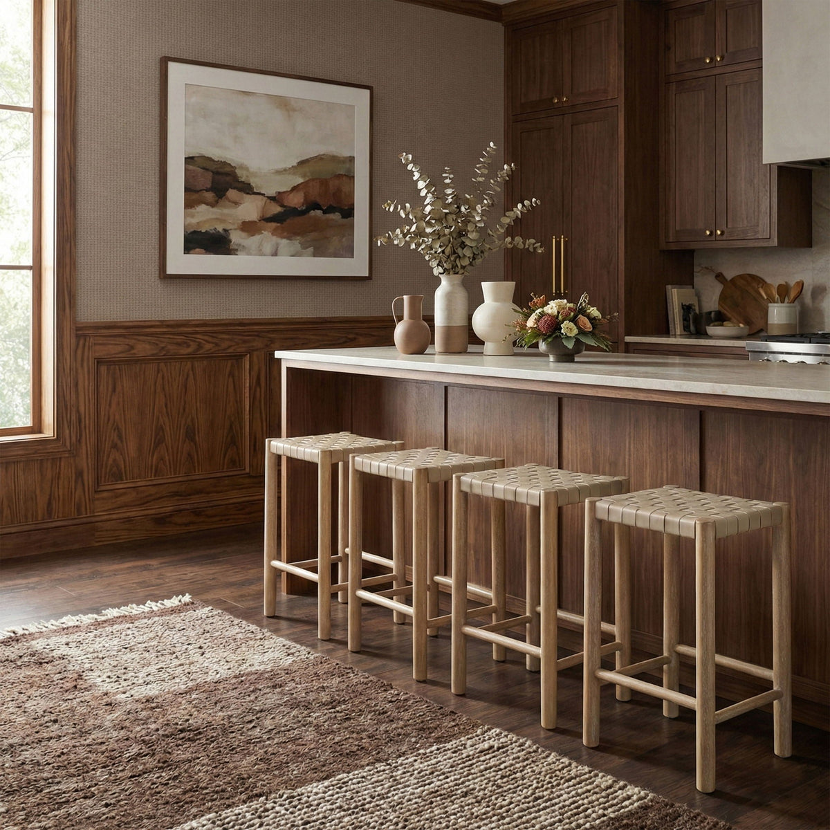 Entwine - Vegan Leather Upholstered Backless Counter Stool - Painted Natural