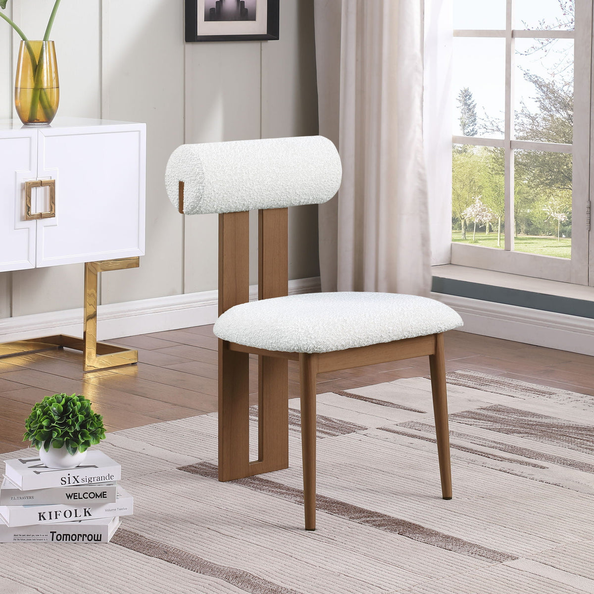 Dario - Boucle Dining Chair With Brown Frame (Set of 2) - Cream