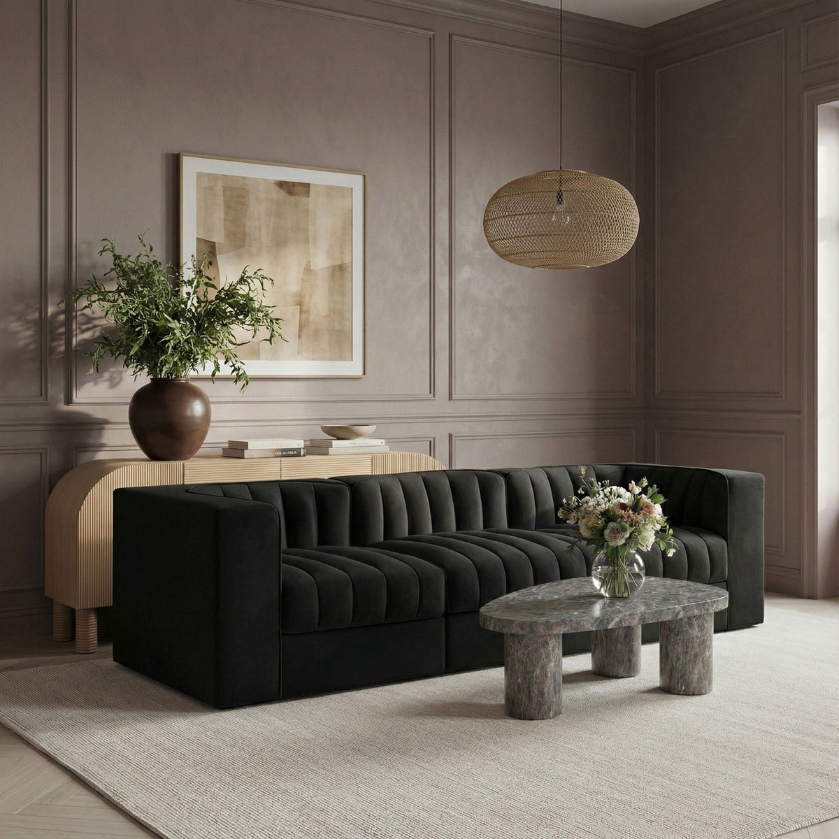 Rummi - Velvet Performance Fabric Upholstered 3 Piece Modular Sofa