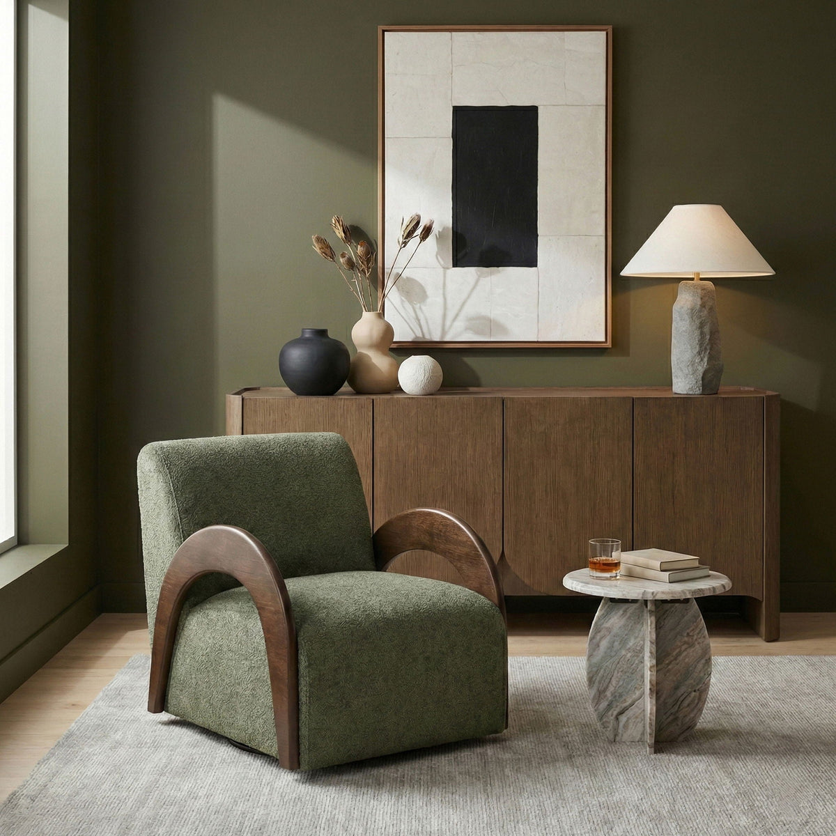 Neria - Chenille Fabric Upholstered Swivel Accent Chair - Painted Brown Base