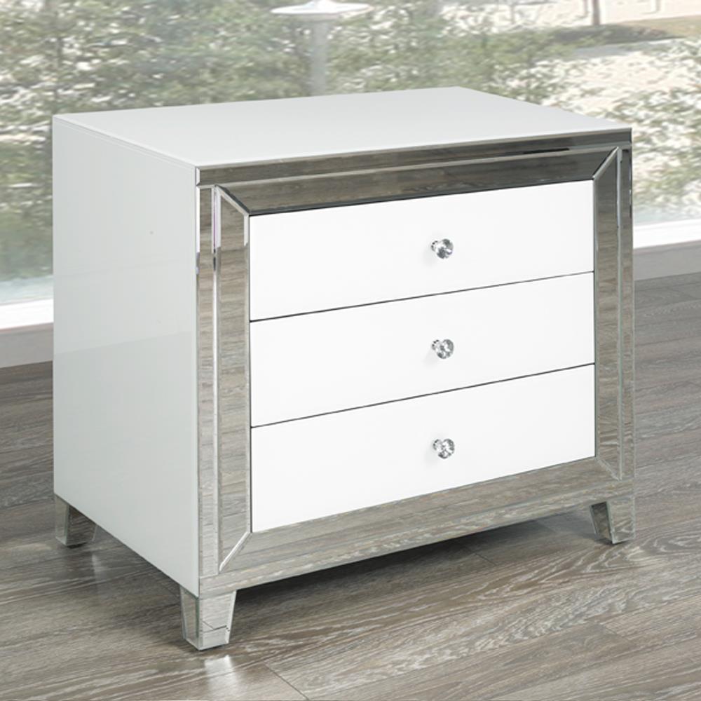 WHITE MIRROR GLASS SIDE TABLE 3 DRAWER